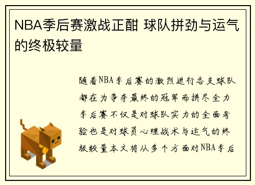 NBA季后赛激战正酣 球队拼劲与运气的终极较量