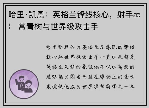 哈里·凯恩：英格兰锋线核心，射手榜常青树与世界级攻击手